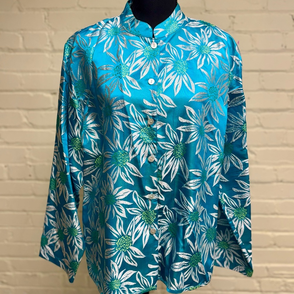 Chico's Aqua Blue Floral Silk Shacket, Chico’s Size 2 (Size 12)
